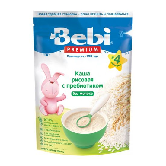 Каша безмолочная Bebi Premium Рисовая, с пребиотиком, с 4 мес., 200 г, арт. 1105046