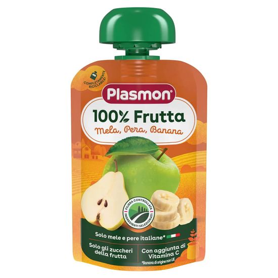 Фруктовое пюре Plasmon из яблока, груши и банана, с витамином С, с 6 мес., 100 г, арт. 1136124