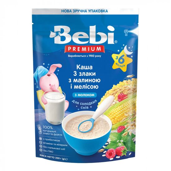 Каша молочная Bebi Premium 3 злака с малиной и мелиссой, с 6 мес., 200 г, арт. 1105082