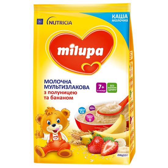 Молочна мультизлакова каша Milupa з полуницею та бананом, з 7 міс., 210 г, арт. 5900852058615