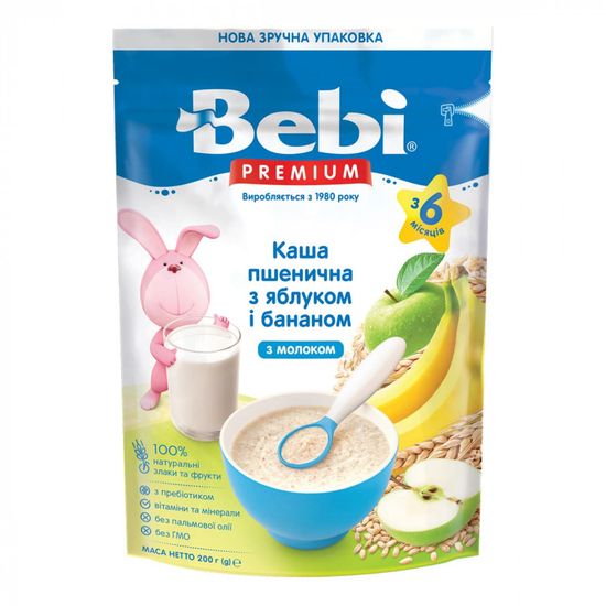 Каша молочная Bebi Premium Пшеничная с яблоком и бананом, с 6 мес., 200 г, арт. 1105058